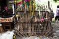 Ancient antique building of Bang Rajan shrine for thai people visit respect praying blessing deity angel wish holy mystery worship Royalty Free Stock Photo