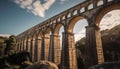 Ancient aqueduct arches over landscape, a famous man made monument generated by AI