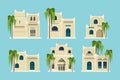 Ancient arabic houses. Old traditional muslim brick buildings desert architectural objects mosque vector flat collection