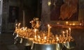 Mtskheta, Georgia - May 17 2022: candles in Mtskheta Cathedral, Samtavro Georgi