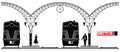 An ancient arched metal building of the railway station. People and locomotives on the platform. Black profile.