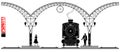 An ancient arched metal building of the railway station. People and steam locomotiv on the platform. Black profile.