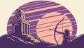 Ancient Archer Statue Against Sunset & Ruins, vector design Generative AI Royalty Free Stock Photo