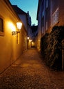 Old Prague night street with street lamps stock images Royalty Free Stock Photo