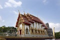 Ancient architecture Royal Barge Suphannahong sculptured boat and antique building ubosot for thai people traveler travel visit in