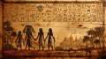 ancient art depicting four egyptian figures and palm trees on a wood background