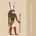 Ancient art by the ancient Egyptian god Horus. Colored vector drawing of the god Horus against the background of papyrus