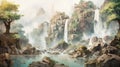 Waterfall Of India: Scenic Watercolor Illustration In The Style Of Ross Tran