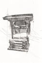 Ancient Artesian Well With Hanging Wood Bucket And Wooden Roof, Old Ages, Art Illustration Retro Vintage Antique Sketch