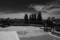 Ancient artillery pieces in the historical center of Chernigov. Landscape. Film grain