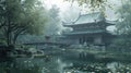 Ancient asian castle with reflection on a pond