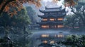 Ancient asian castle with reflection on a pond