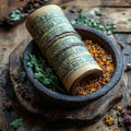 Ancient Ayurvedic scrolls and mortar with dried herbs on a rustic surface Royalty Free Stock Photo