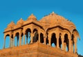 Ancient Bada Bagh cenotaphs in desert, also known as Jaisalmer Chhatris made of yellow sandstone at sunset in Jaisalmer, Rajasthan