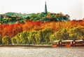 Ancient Baochu Pagoda Boats West Lake Hangzhou Zhejiang China