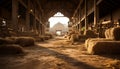 Ancient barn, nature spirituality, sunset golden sunlight, rural scene generated by AI