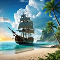 ancient beach boat cloud floating galleon generative