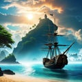 ancient beach boat cloud floating galleon generative