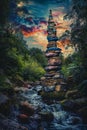 Ancient beacon made of sapphires beside a babbling stream, dusky sky, tranquil setting Royalty Free Stock Photo