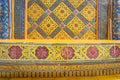Ancient Benjarong ceramic texture paint tiles patterns Thai style on the wall decorate of Wat Ratchabophit temple on panel