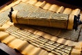 Ancient Biblical Hebrew Scroll: Ink-Seeped Text Penned Meticulously on Time-Yellowed Parchment Royalty Free Stock Photo