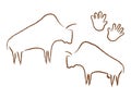 Ancient bison silhouettes rock art. Prehistoric grazing bulls drawn in minimalist style.