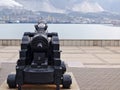 Ancient black cannon is aimed towards Tsemess Bay in Novorossiysk, Russia