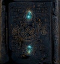 Ancient Book with Glowing Magic Spells and Runes. Occult, Esoteric, Divination and Wicca Concept. Halloween Vintage Background