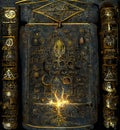 Ancient Book with Glowing Magic Spells and Runes. Occult, Esoteric, Divination and Wicca Concept. Halloween Vintage Background