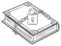 Ancient book locked with a chain and padlock, black and white line art illustration Royalty Free Stock Photo