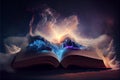 ancient book that opens with magic, the magic light in the darkness on the wooden table, by the bright light shining Royalty Free Stock Photo