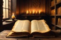 Ancient Book Pages Delicately Unfurled: Positioned Centrally on an Antique Wooden Table Royalty Free Stock Photo