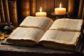 Ancient Book Pages Delicately Unfurled: Positioned Centrally on an Antique Wooden Table