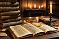 Ancient Book Pages Delicately Unfurled: Positioned Centrally on an Antique Wooden Table