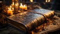 Ancient book on table, candle burning in darkness generated by AI