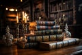 Ancient books create a historical backdrop on a wooden desk in a retro-style library