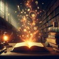 Ancient Books, Floating Letters, and a Mystical Glow in the Library's Bookish Spell. Generative ai for illustrations