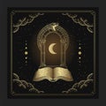 Ancient books with gates and crescent moons in engraving, hand drawn, luxury, esoteric, boho style, fit for paranormal, tarot