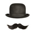 Ancient bowler hat with black curly moustache isolated on white Royalty Free Stock Photo