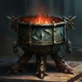 Ancient brazier created with Generative AI. A burning fire for cooking.