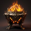 Ancient brazier created with Generative AI. A burning fire for cooking.