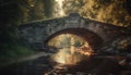 Ancient bridge arches over tranquil pond in green forest landscape generated by AI