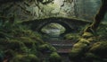 Ancient bridge crosses wet ravine in forest generative AI Royalty Free Stock Photo