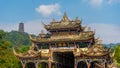 Ancient Bridge in Dujiangyan ancient irrigation system during early autumn at Dujiangyan Sichuan , China : 22 October 2023 Royalty Free Stock Photo