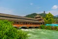 Ancient Bridge in Dujiangyan ancient irrigation system during early autumn at Dujiangyan Sichuan , China : 22 October 2023 Royalty Free Stock Photo