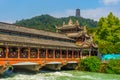 Ancient Bridge in Dujiangyan ancient irrigation system during early autumn at Dujiangyan Sichuan , China : 22 October 2023 Royalty Free Stock Photo