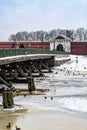 Russia, St. Petersburg, January 2021. Bridge to the gates of the Peter and Paul Fortress and ducks on ice.