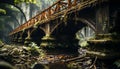 Ancient bridge over tranquil water in foggy autumn forest generated by AI Royalty Free Stock Photo