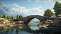 The ancient bridge is a stone arch above a mountain river