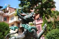 The ancient bronze statue of the fire-breathing Lion is located on Durbar square in Central Kathmandu, Kathmandu Valley, Nepal Royalty Free Stock Photo